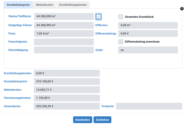 KLN Kosten Teilflaeche kauf