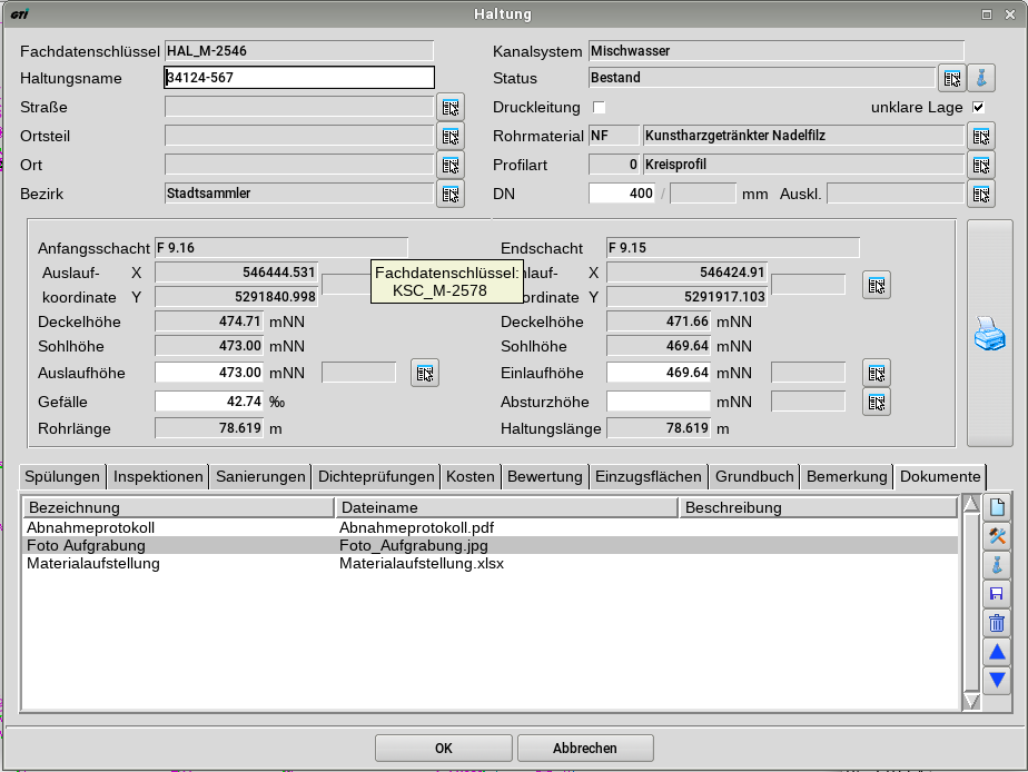Kanal FD Haltung mit Dokumenten
