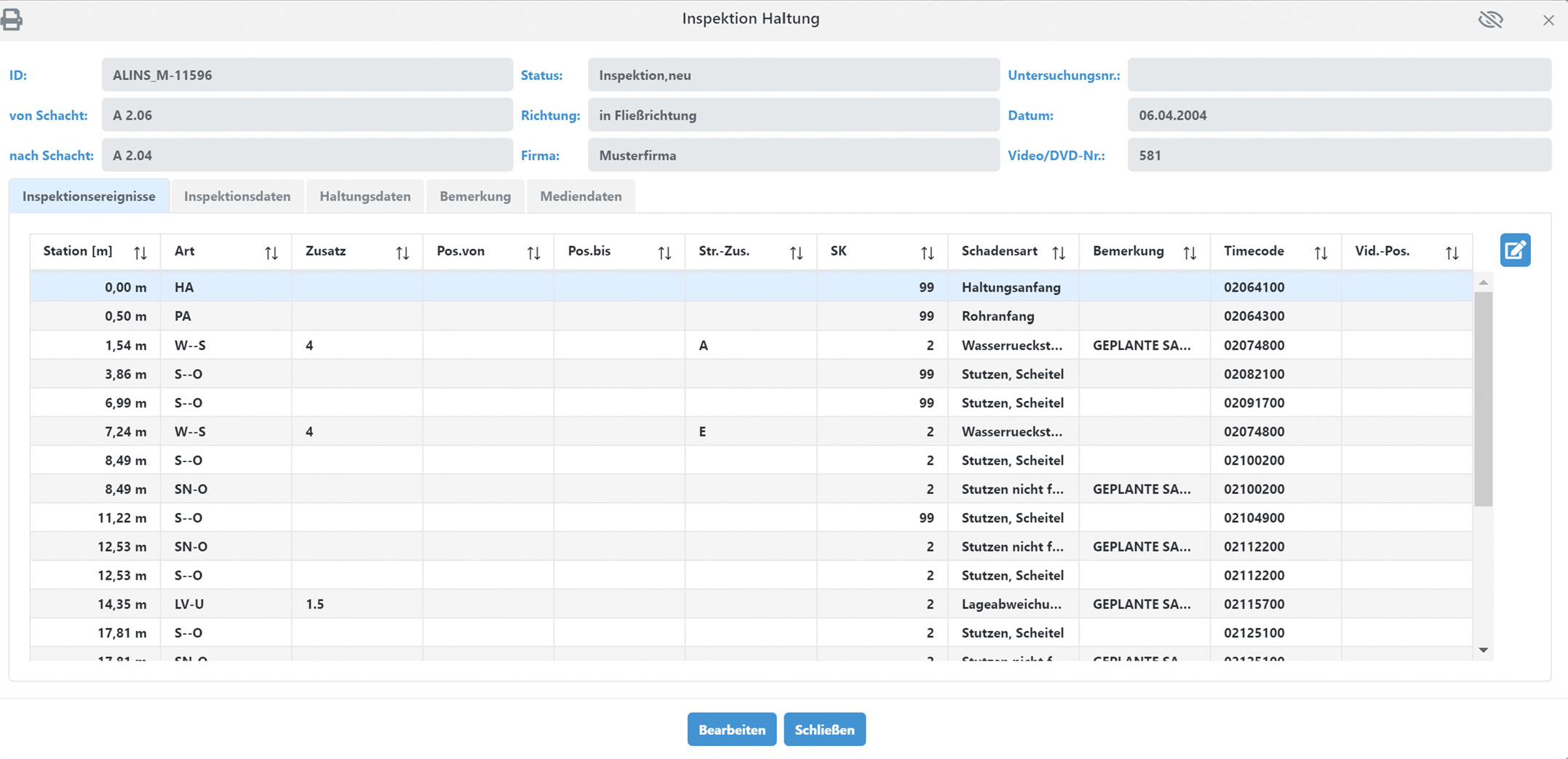 Kanalnetze Inspektionsdaten UI