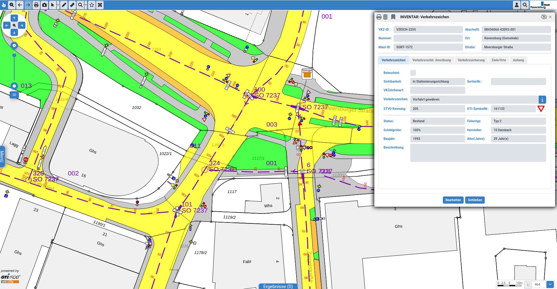 Straßenachsen, Flächen und Verkehrszeichen