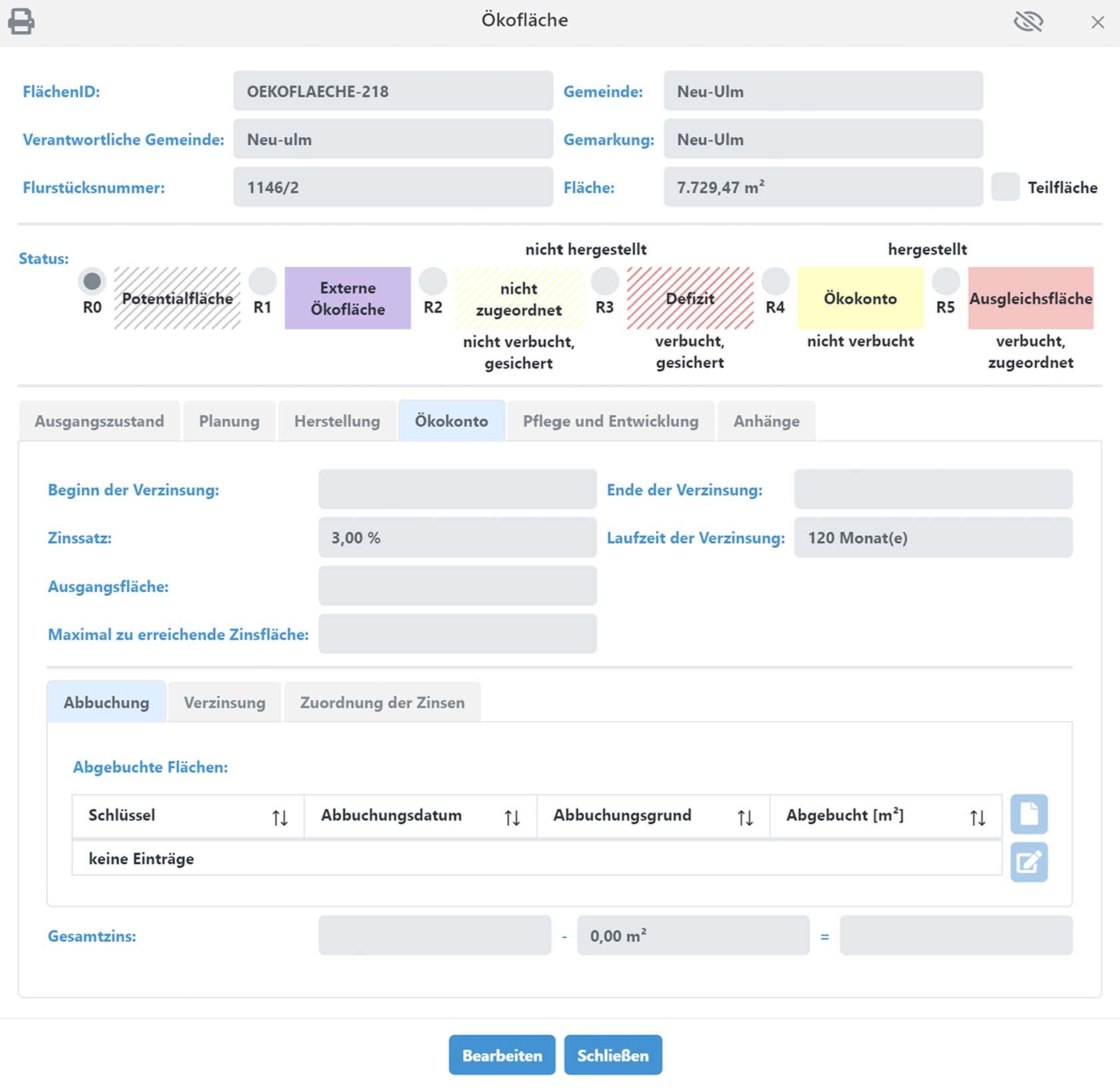 Eingabemaske für Ökoflächen
