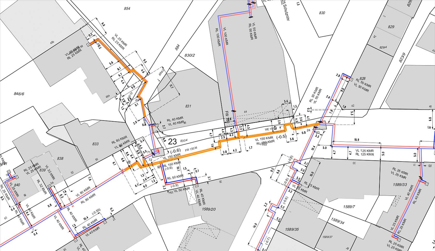 Typisches Fernwärmenetz mit Vermaßung
